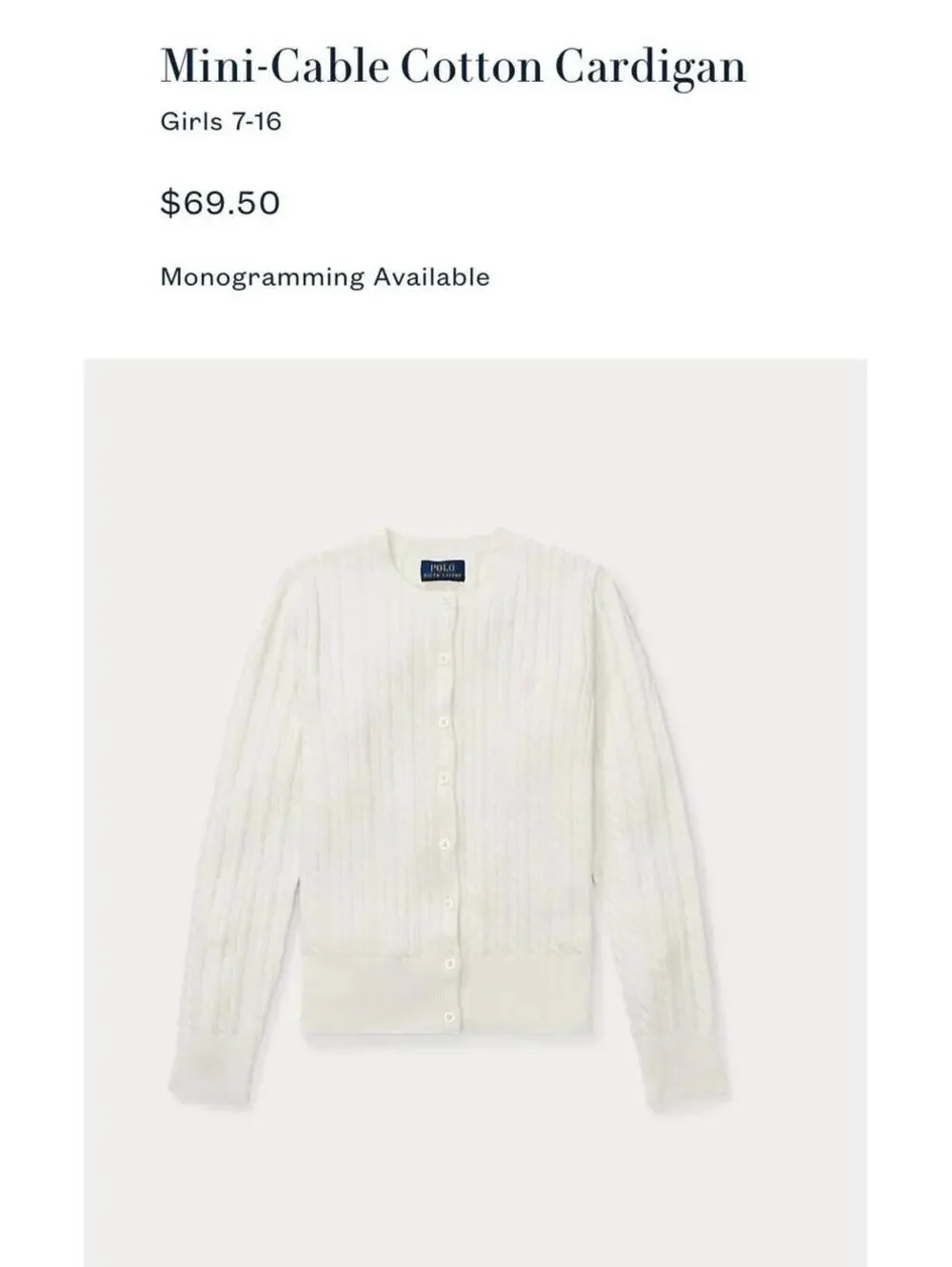 Polo Ralph Lauren Cotton Cable Cardigan Sweater Girl’s Size L12-14)